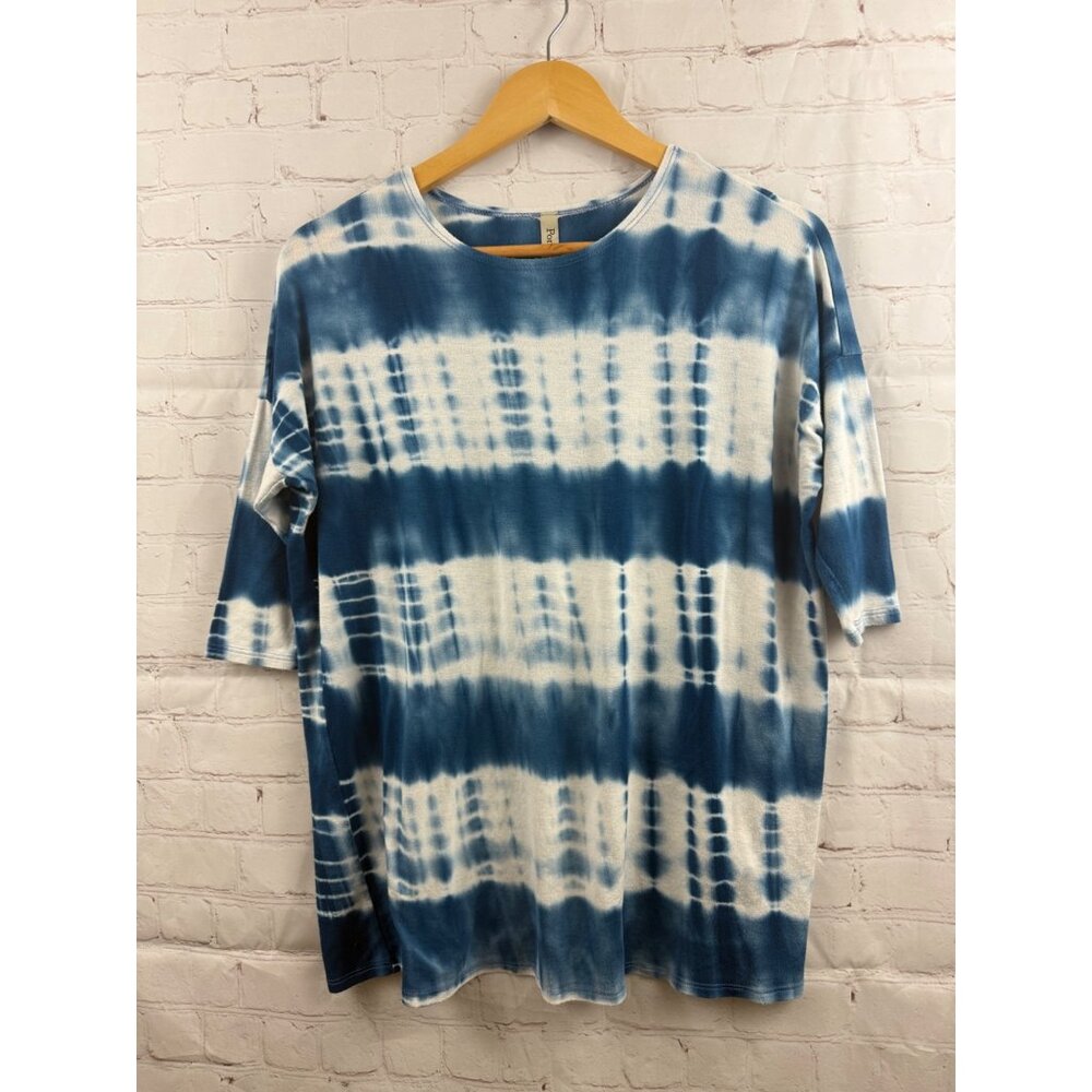 Pomelo Top Womens Size Large Blue White Tie Dye Casual Short Sleeve Shirt
